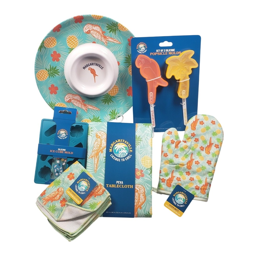 Margaritaville NEW 6 Pc Set Tablecloth Ice & Popsicle Molds Dishcloths Dip Tray